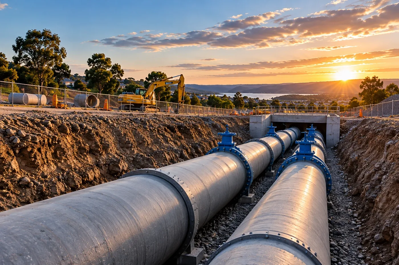 Large water mains laid in an open trench on a development site