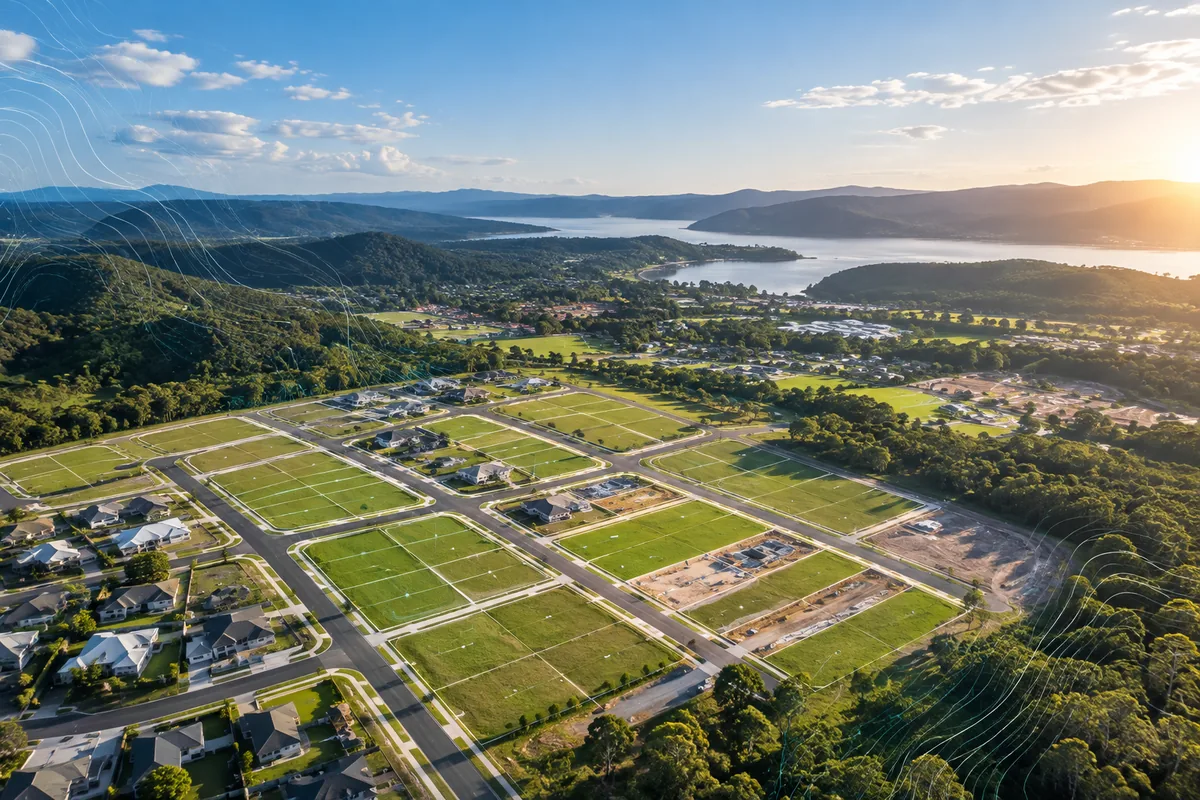 Aerial view of a new subdivision with surveyed lots and roads