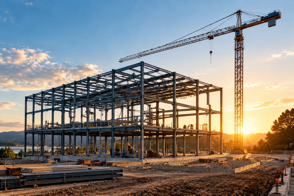 Steel frame building under construction with a tower crane