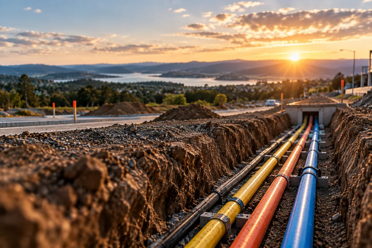 Open trench with colour-coded underground services